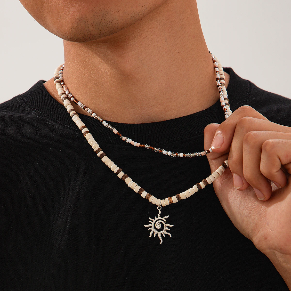 IngeSight.Z 2pcs/set Classic Coconut Husk Rice Beads Choker Necklace Man Vintage Sun Flower Pendant Necklace Male Jewelry Gift