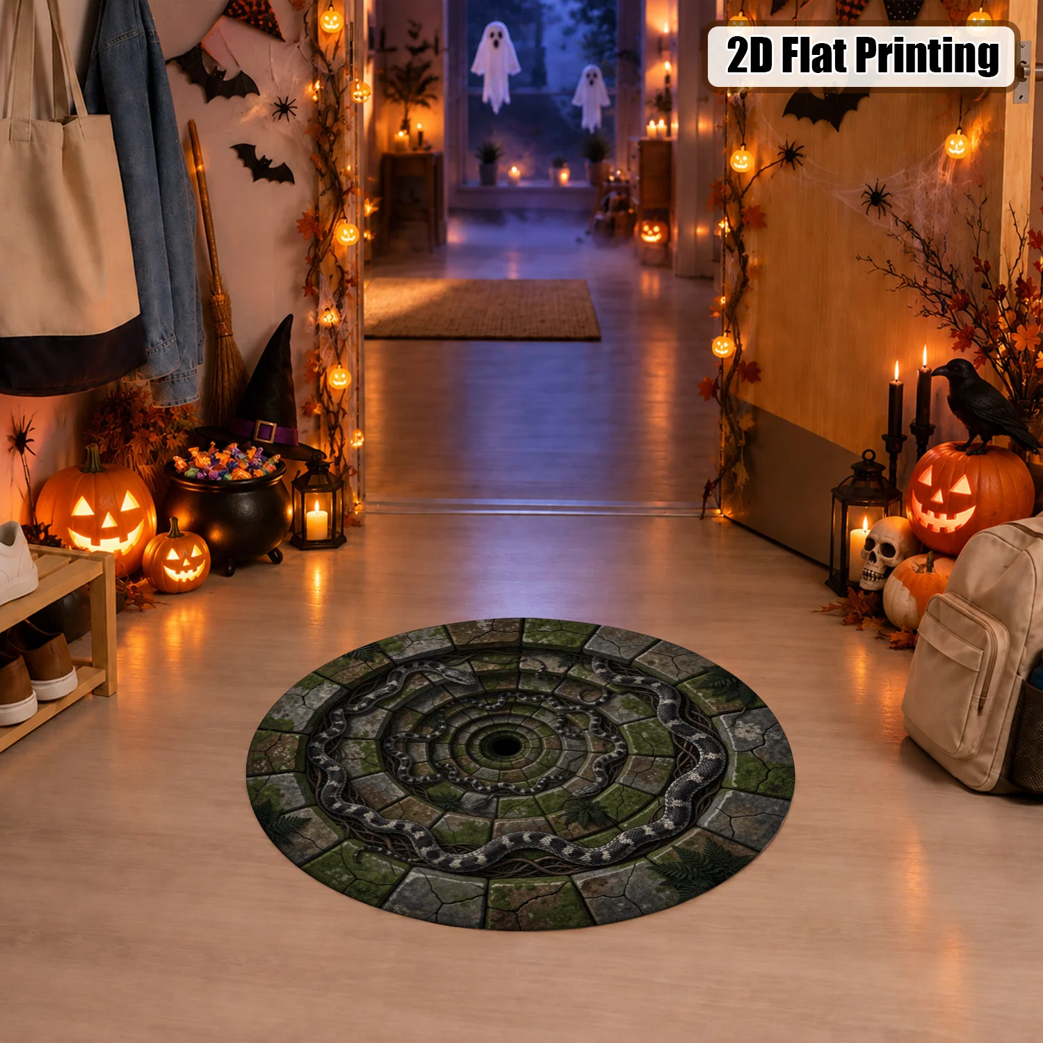 Circular Mossy Stone Snake Pattern Rug Velvet Machine Washable for Living Room Bedroom Entryway Halloween Thanksgiving Black Friday Christmas New Year