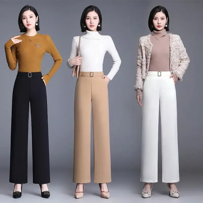 

Office Lady Fashion All-match Wide Leg Pants Spring Autumn Women High Waist Elastic Loose Solid Casual Straight Trousers E90