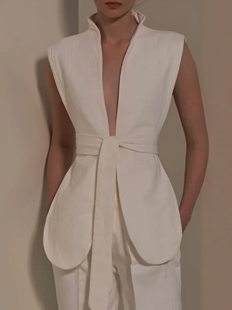 ZMEENNA Gilet bianco con scollo a V profondo da donna con vita legata e design senza maniche elegante e chic casual per l'estate ZM3798