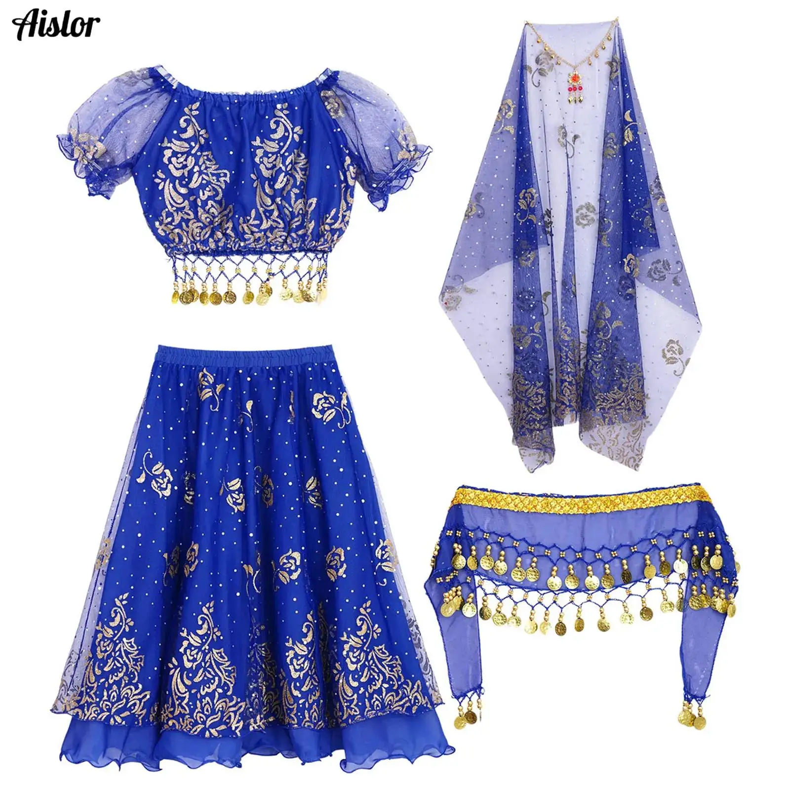 

Kids Girls Belly Dance Costumes Indian Dance Dress Short Puff Sleeve Floral Prints Crop Top+Skirt+Waist Chain Headscarf+Headwear