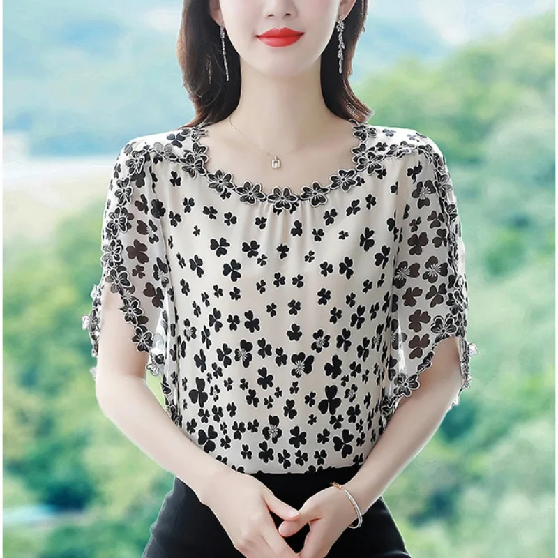 Korean Fashion Summer Women\'s Round Neck Printing Bow Bright Line Decoration Elegant Short Sleeve Loose Chiffon Shirt Tops