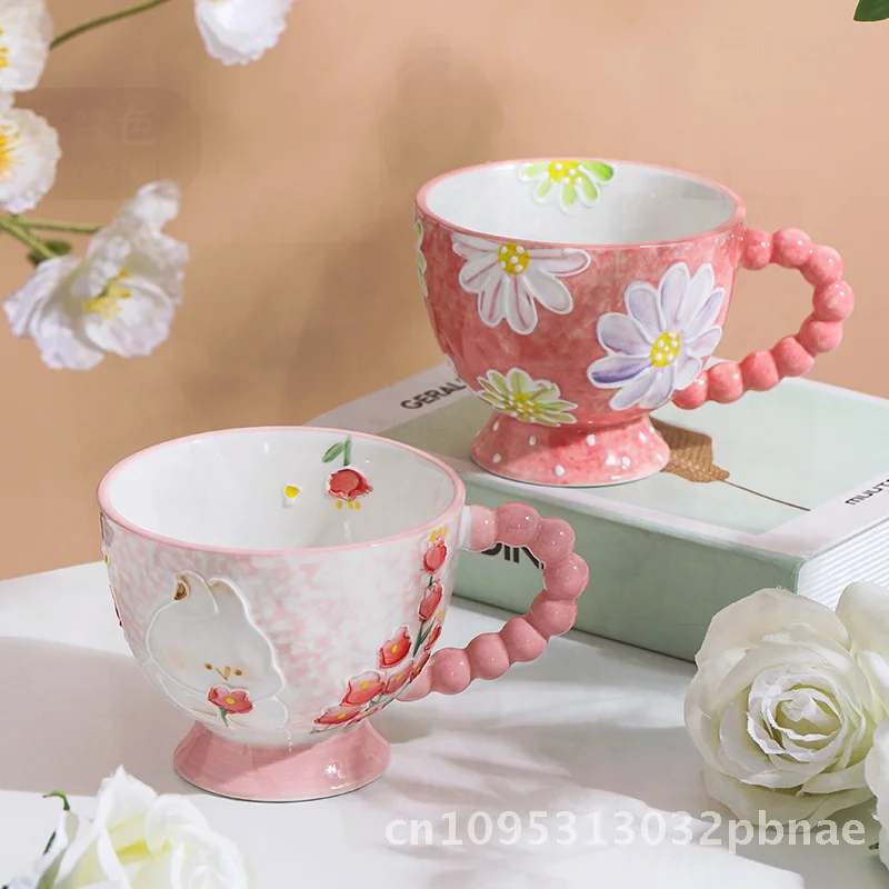 

Керамическая кружка с тиснением ручной росписи, милая высокопроизводительная чашка для воды для овсянки, завтрака, универсальный домашний подарок с уникальной бусиной