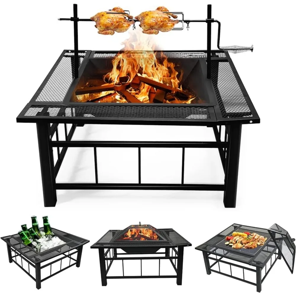 

32 Inch Fire Pit Table with Swivel Grill for Outside, Large Square Outdoor Wood Burning Firepit with BBQ Grill Grate, Mesh Spark