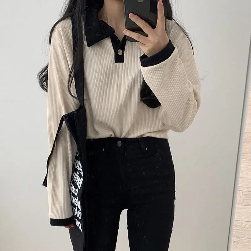 Sweatshirts Women Patchwork Simple Design Turn Down Collar Mujer Spring Stylish Vintage Ulzzang Basic Comfortable Holiday Teens