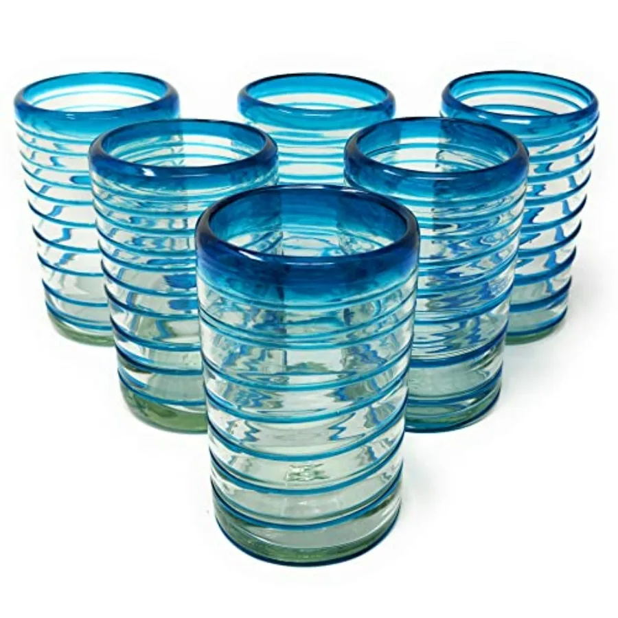 

Hand Blown Mexican Drinking Glasses Set of 6 Glasses with an Aqua Spiral Design 14 oz each Perfect for Home Decor Dining Tables