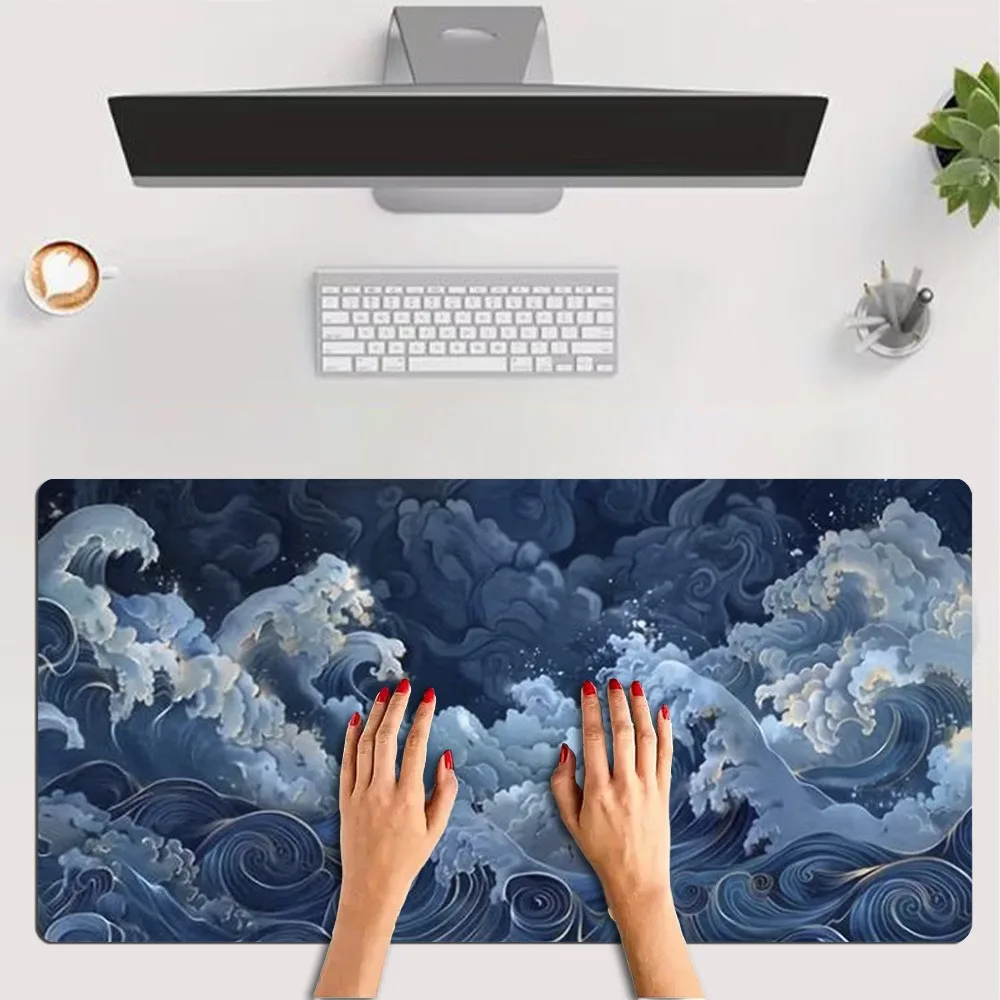 Blue Japanese wave design, game desk accessory Japanese wave pattern alfombrillas para escritorio tapis de souris