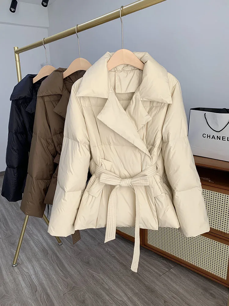 Winter Down Jacket Women Thick Warmth Belted Parkas Outwear Female Casual Fluffy Duck Down Coat Short Slim Puffer Jacket