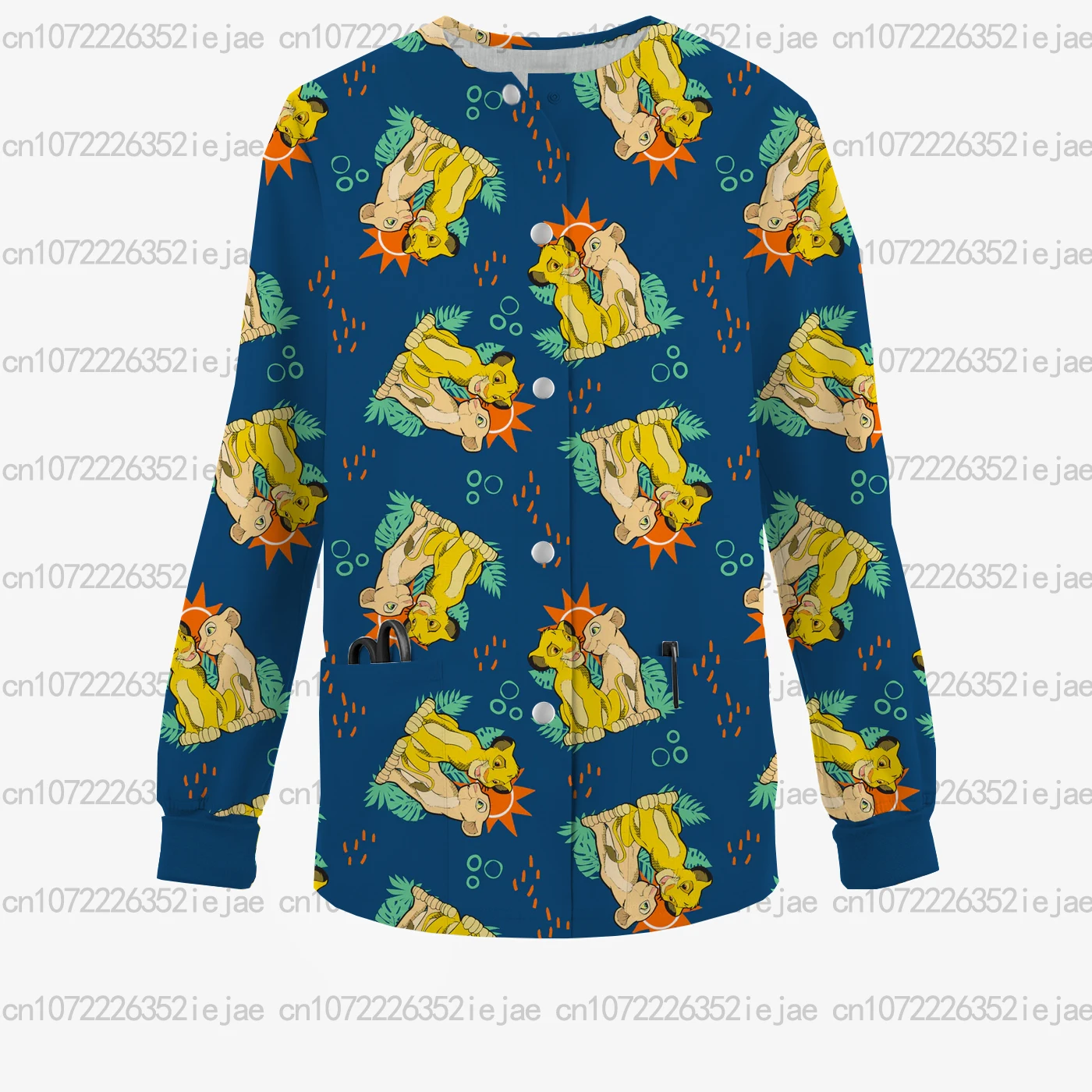 Cardigan girocollo stampato, Disney Simba, giacca opaca da donna del re leone, giacca uniforme da lavoro medico/dentale alla moda