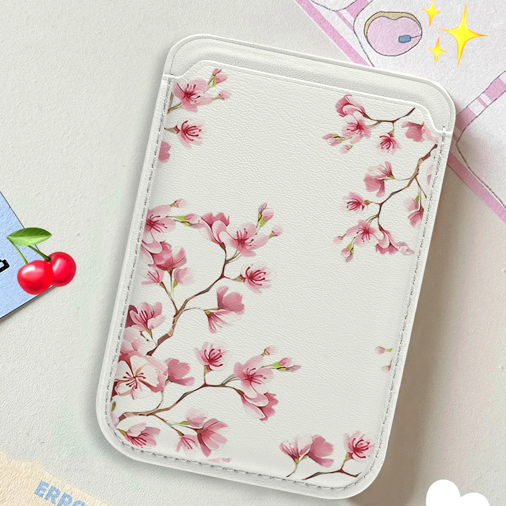 Kirschblüten-Leder-Kartenetui Handy-Kartenhalter Magnetische Hülle Geeignet für alle iPhone Magsafe-Karten-Handy-Rückseiten-Taschen – Detail 3