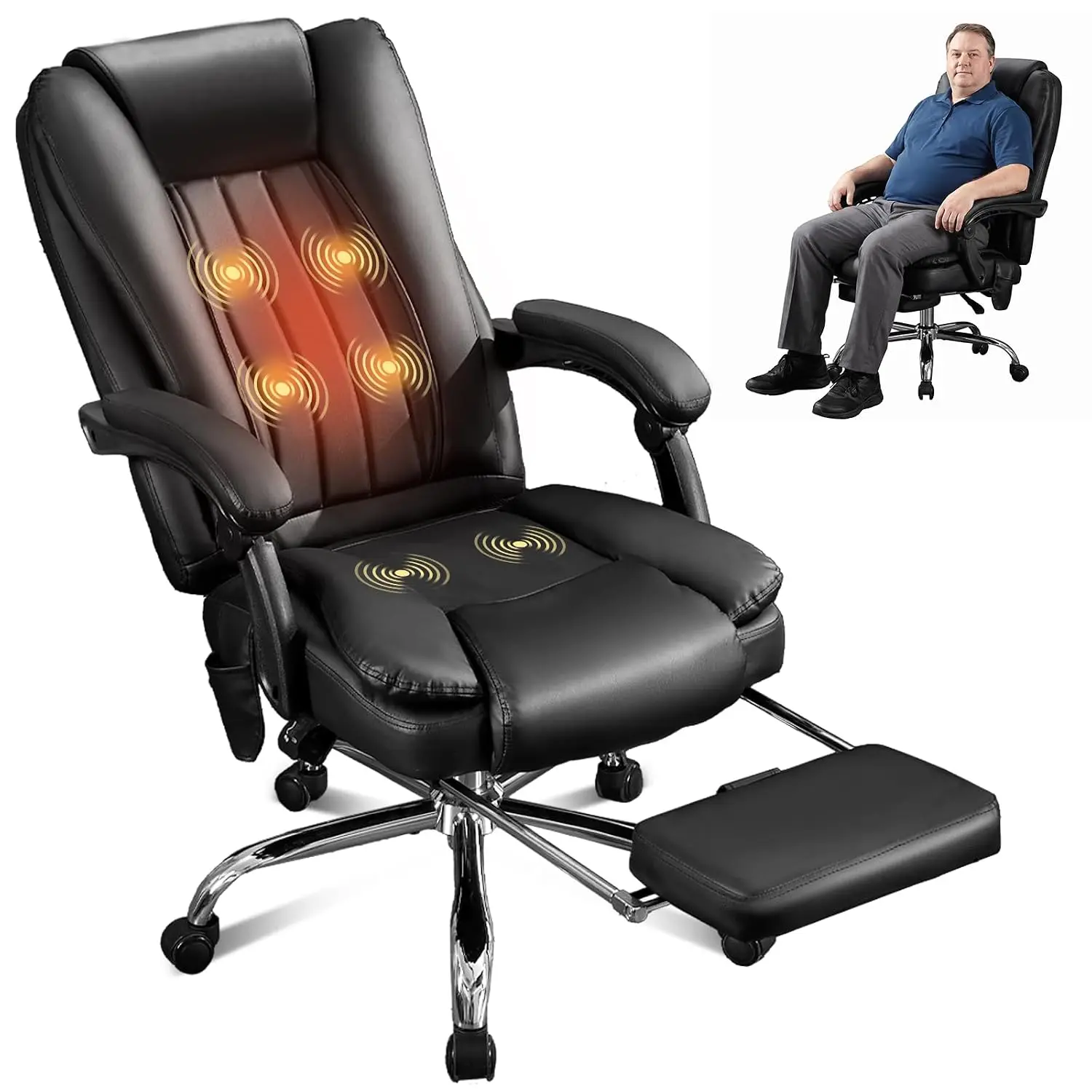 500LBS Ergonomic Office Chair with Heat & Vibration Massage, Footrest, 135° Recline, Lumbar Support, Big & Tall Heavy Duty Desk
