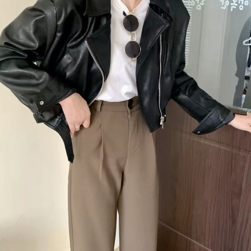 レザージャケット レディース 2025 春新作 気質のあるラペル ショート丈 PUレザー ウインドブレーカー