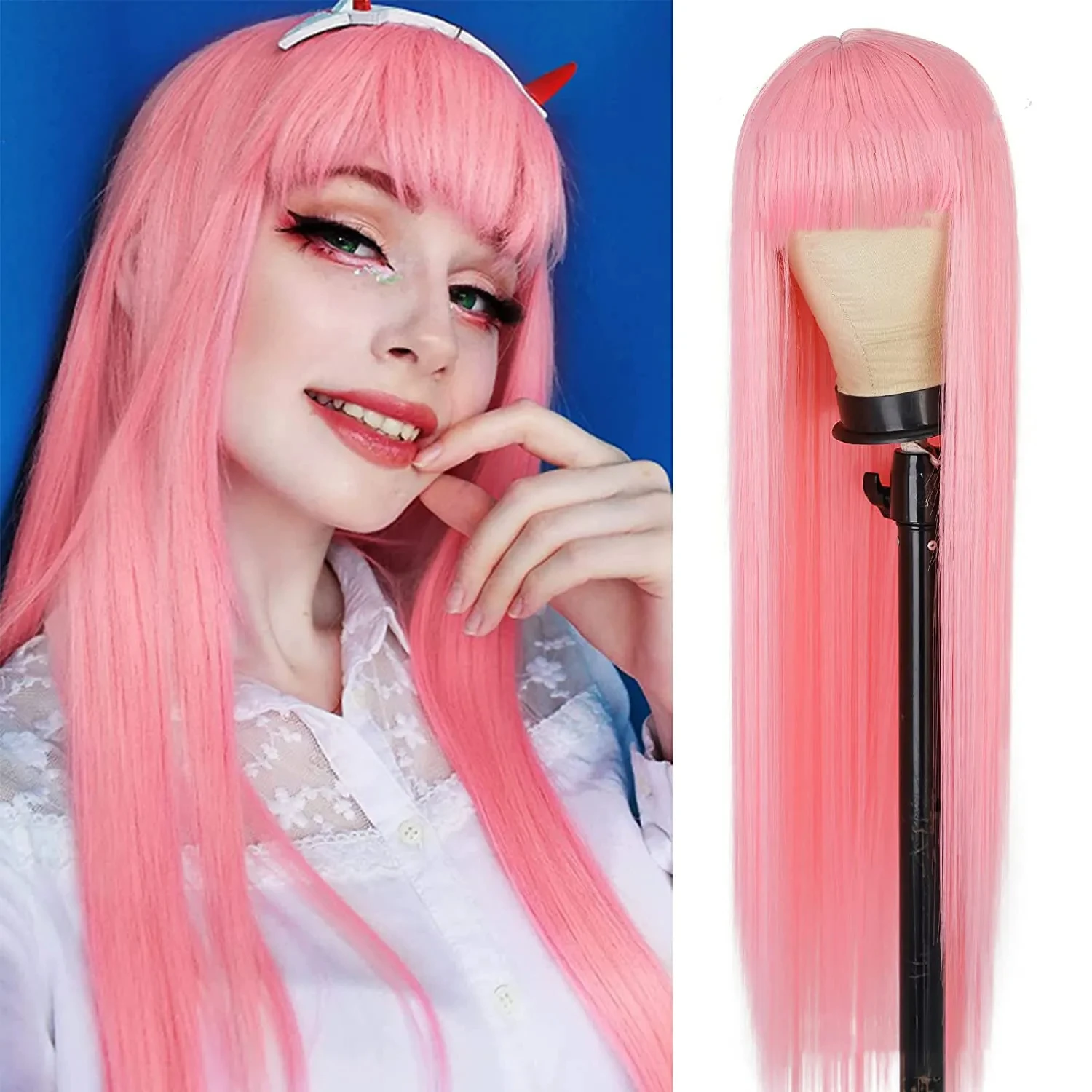 Peruca cosplay de cabelo liso sintético com franja para mulheres, longo, rosa, vermelho, resistente ao calor, halloween, 28"