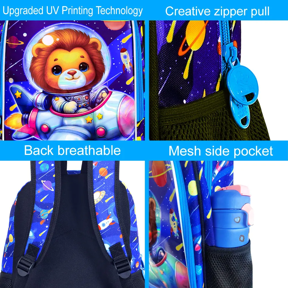 3Pcs Boys 16" Galaxy Space Lion Rocket Backpack Set Kids School Bag with Handbag Pencil Pouch for Elementary Little Boys view 3