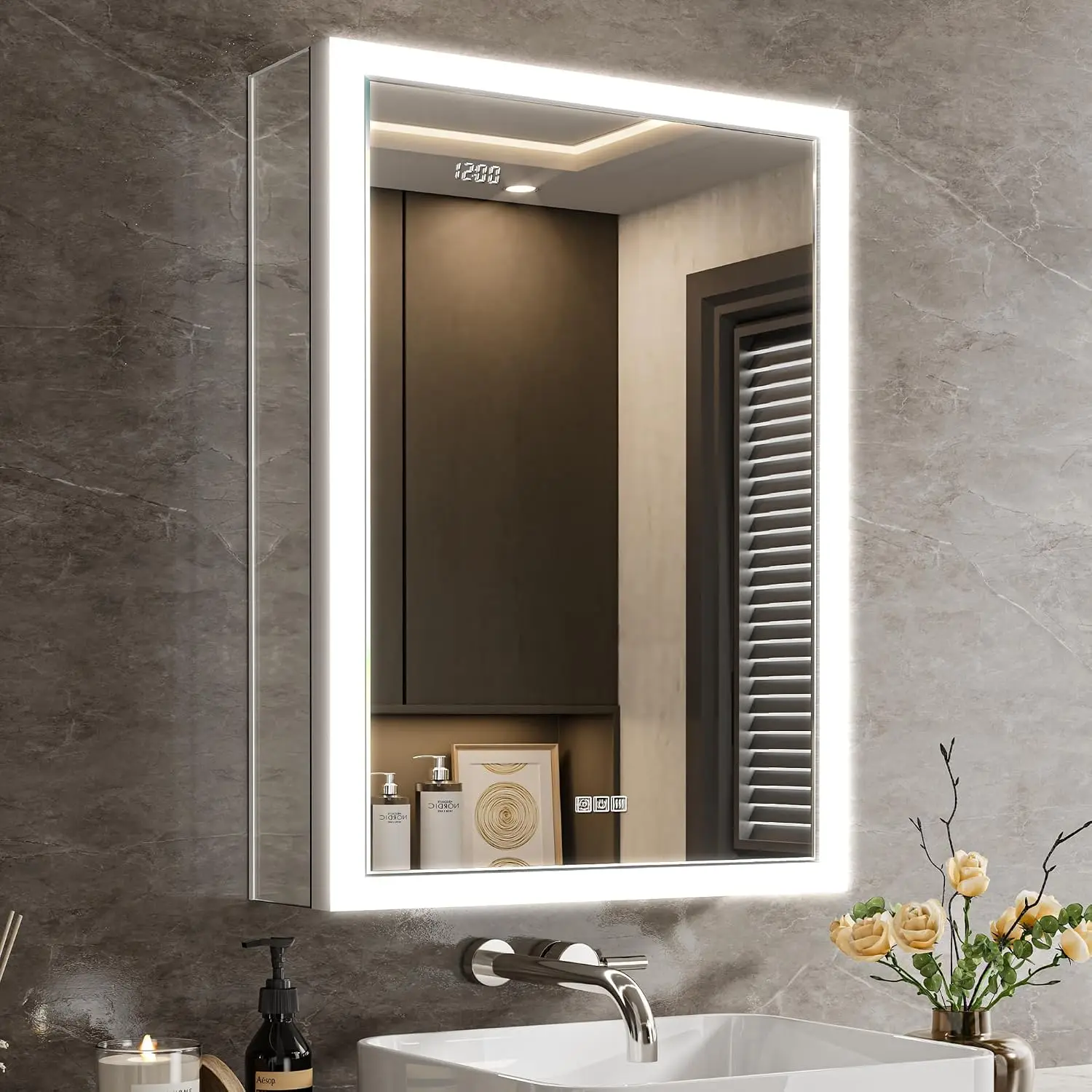 Medicine Cabinet Mirror Clock 20x26 Surface Recessed Aluminum Dimmable Light Outlet Anti-Fog Sensor Assembly-Free, Customized