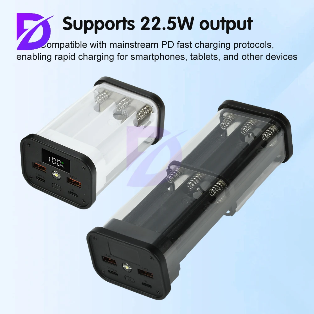 22.5W Fully Transparent Power Bank Case Solderless 6/12-Cell 18650 Battery Box PD Mobile Power Bank Kit