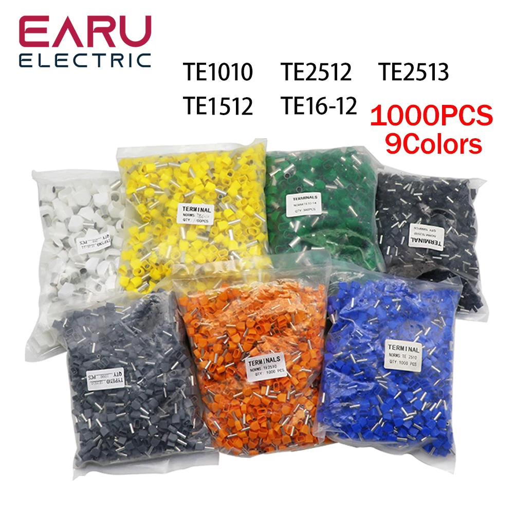 

1000Pcs TE1010 TE2512 TE7510 Double Pipe Twin Cord Electrical Wire Insulated Ferrules Crimp Terminal Block Connector Terminator