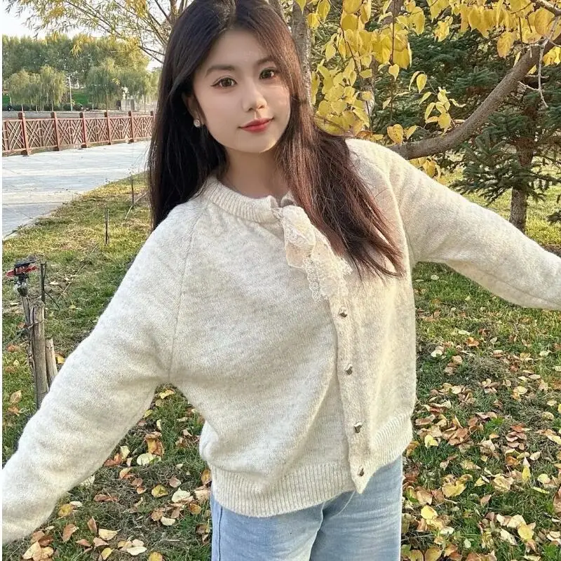 فتاة شريطة من الدانتيل سترة الأميرة موضة طويلة الأكمام محبوك قميص تنوعا ربيع الخريف الملابس خارج قميص سترة #1