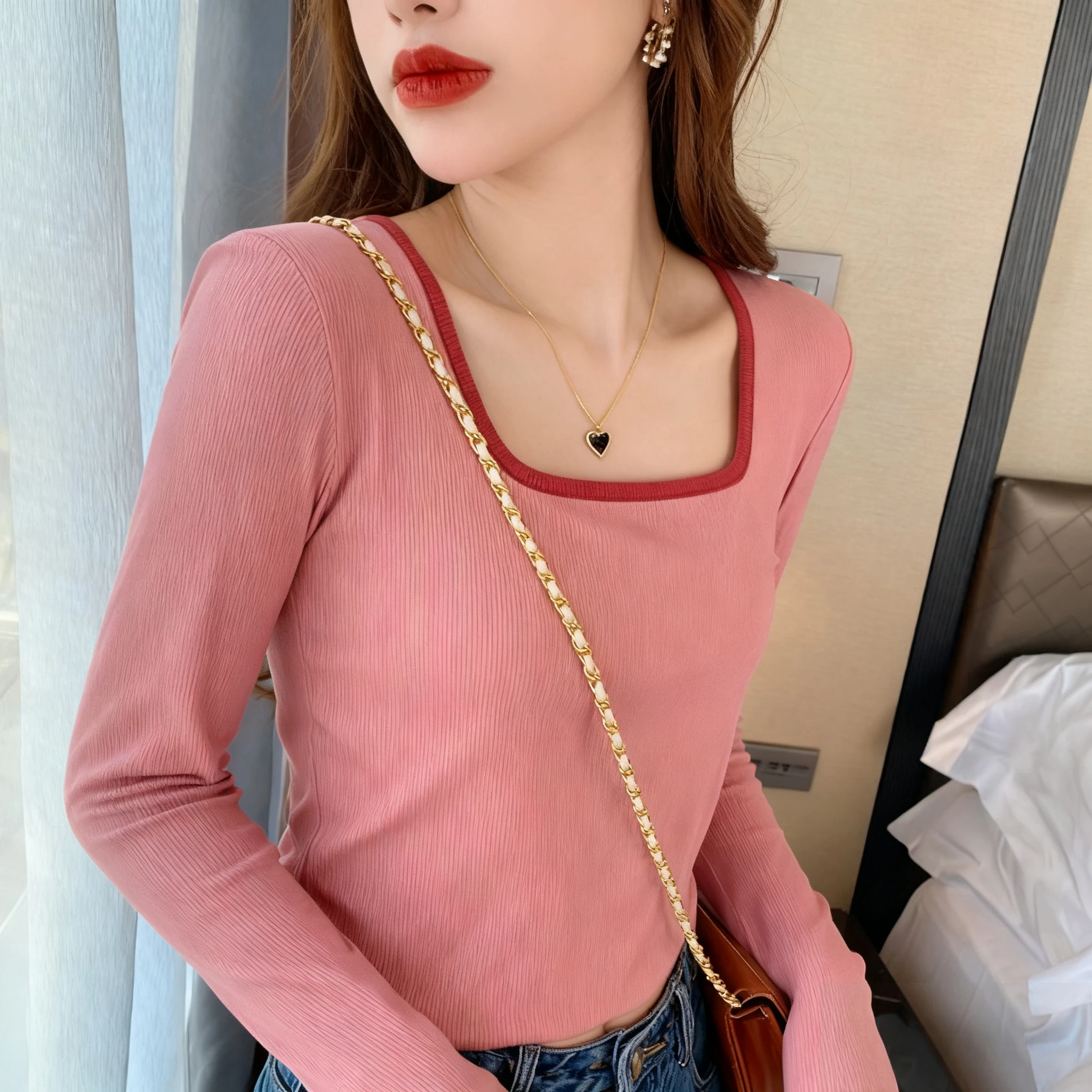 

Long Sleeved T Shirt Zip Womens Spring Layered Pleated Crew Neck Button Down Ruffle Classics Versatile Balletcore Streetwear Ins