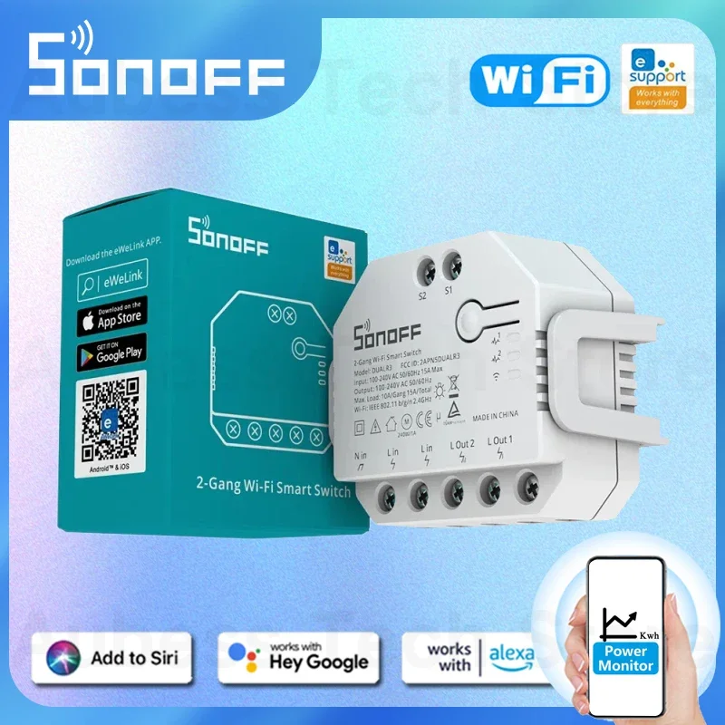 1-3PCS SONOFF DUALR3/DUALR3 Lite Dual Relay Two Way Power Metering Smart Switch Smart Home Automation Via Ewelink Alexa Google