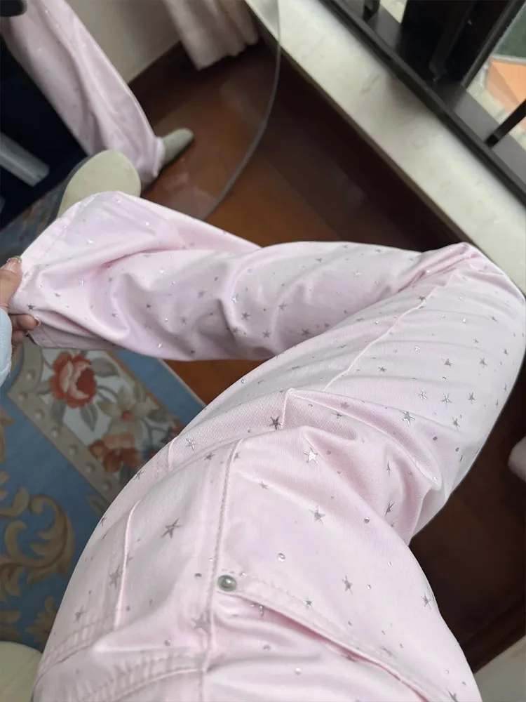 Pantalones vaqueros de pierna recta rosa con estampado de puntos redondos de estrella para mujer, pantalones vaqueros de pierna ancha de cintura alta de estilo fino y suelto de verano