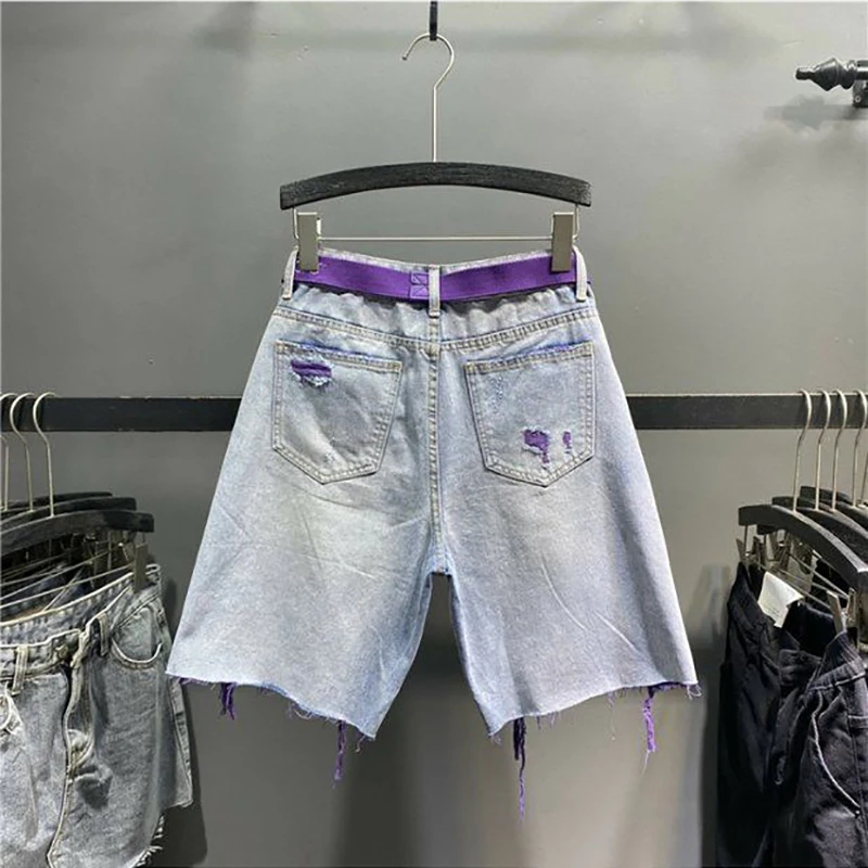 Y2K Purple Liner Distressed Denim Bermuda Shorts With Belt Ripped Frayed Hem High Waist Loose Wide Leg Jean Shorts Women view 6