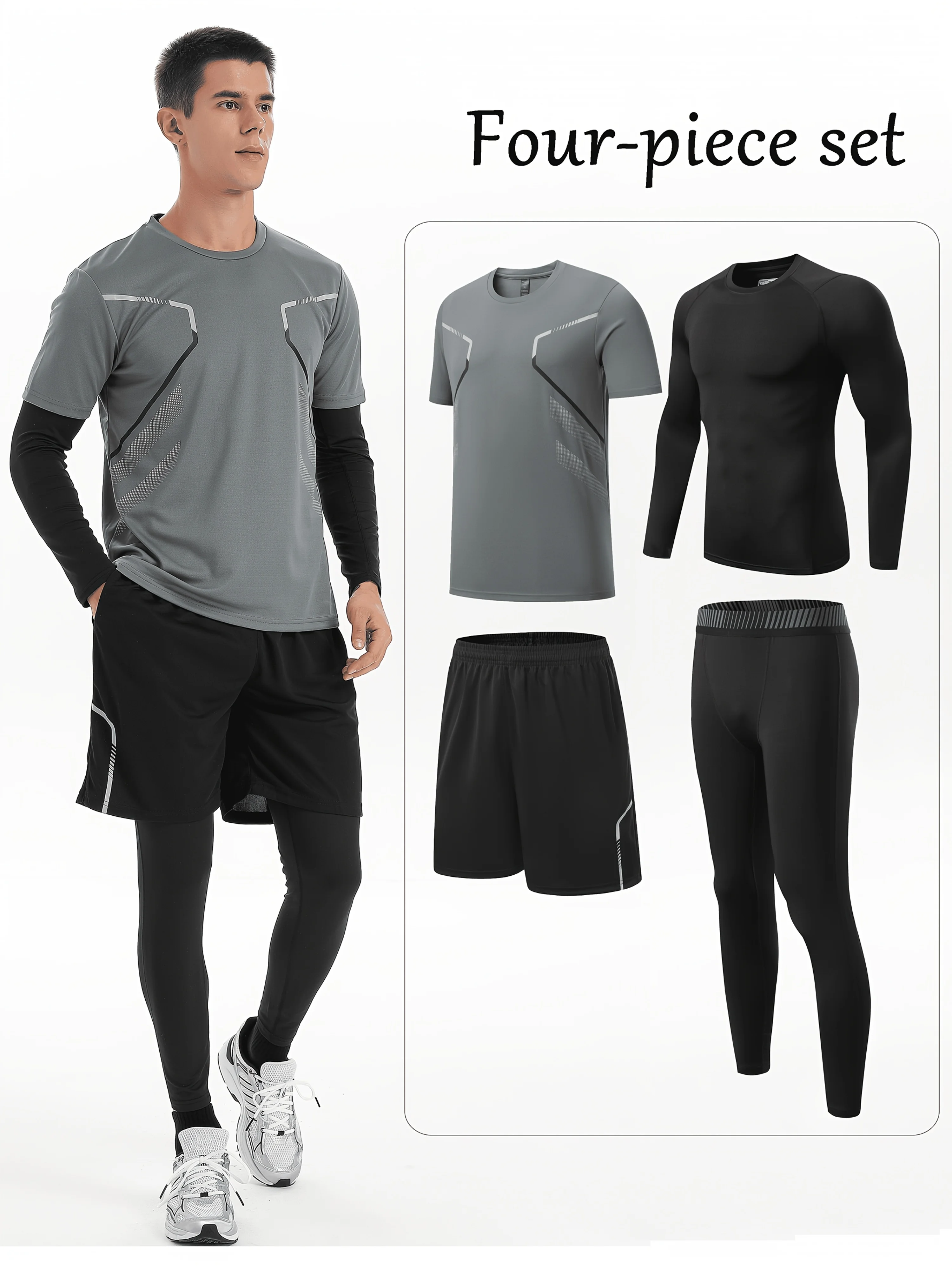 

A four-piece men's casual sportswear set, breathable and elastic, suitable for outdoor activities