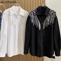 Fashion Korean Shirts Women Clothing Wing Sequined Long Sleeve Blouses Summer White Oversized Tops 2024 Blusas Mujer De Moda