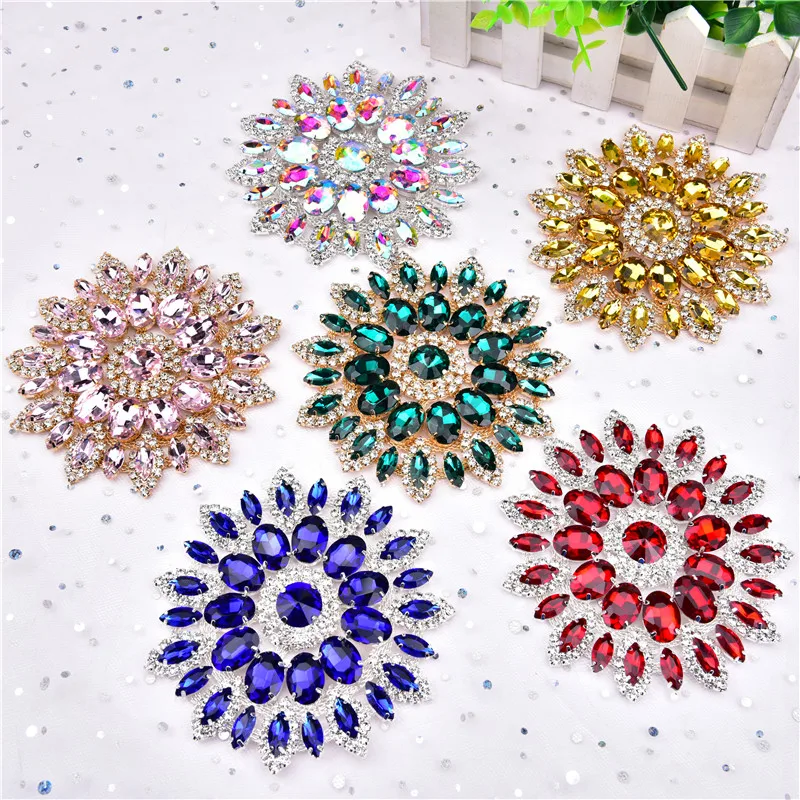 Sew On Rhinestone Applique Crystal Chain Flower Motif Handmade Diamond Patches Diy Clothes Shoe Bag High-End Wedding Dress Gown