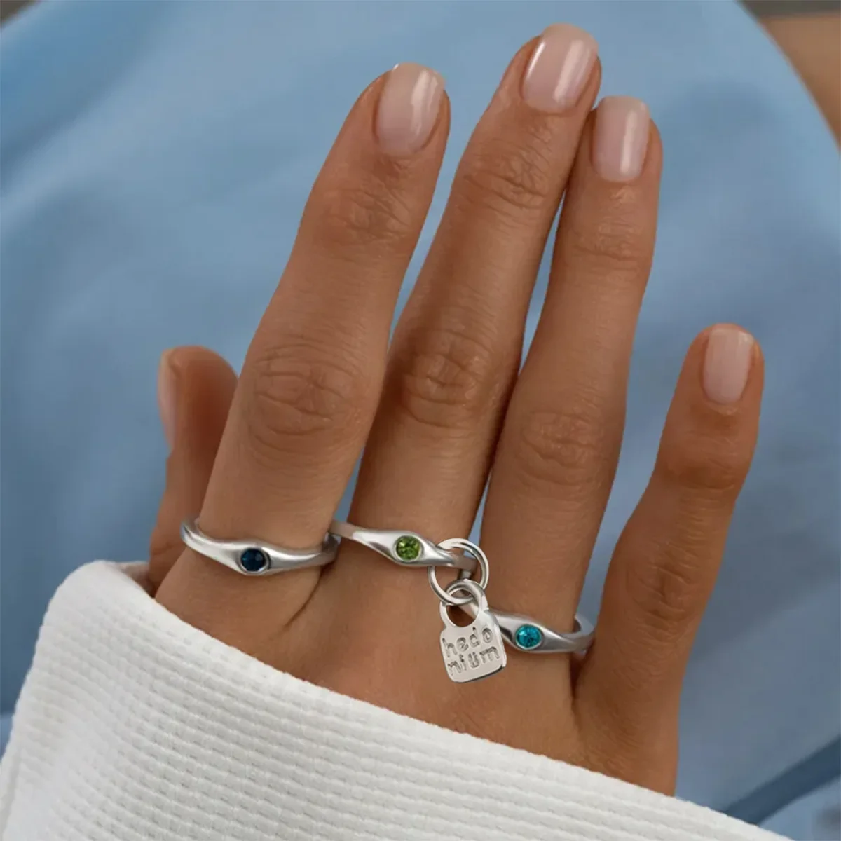 Retro Silver Color Colorful Stone Ring for Women Geometric Fashion Smiple Open Lock Triple Layered Rings Party Jewelry Gifts