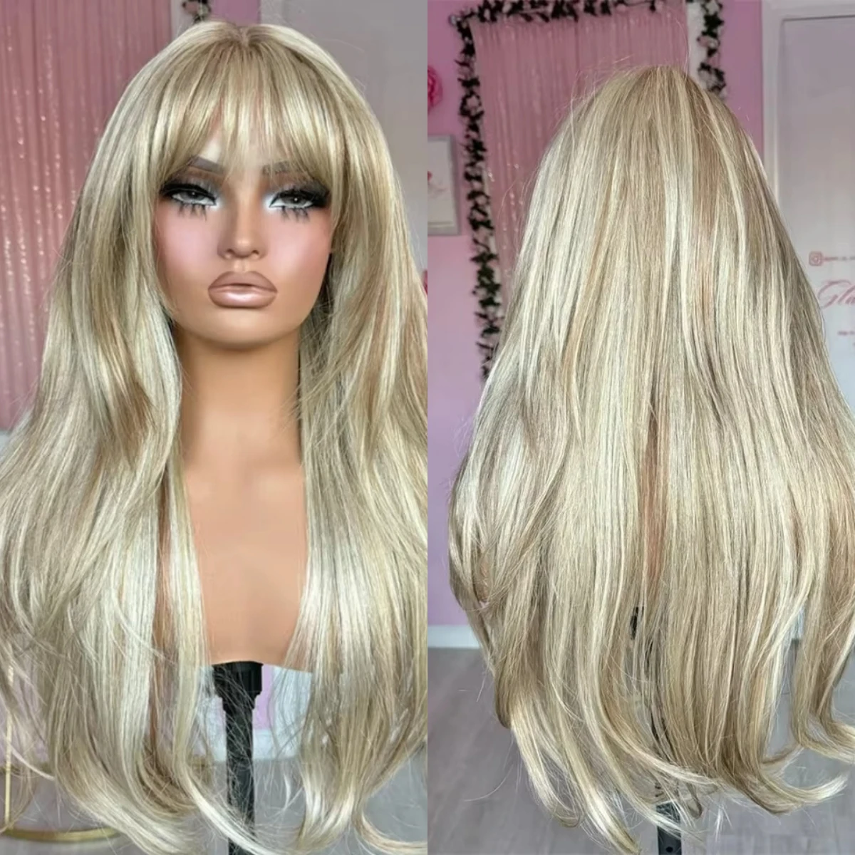 

Женский парик 26-дюймовые светлые парики с челкой Многослойные естественные волны Синтетические кружевные верхние парики Пушистые повседневные вечерние косплей