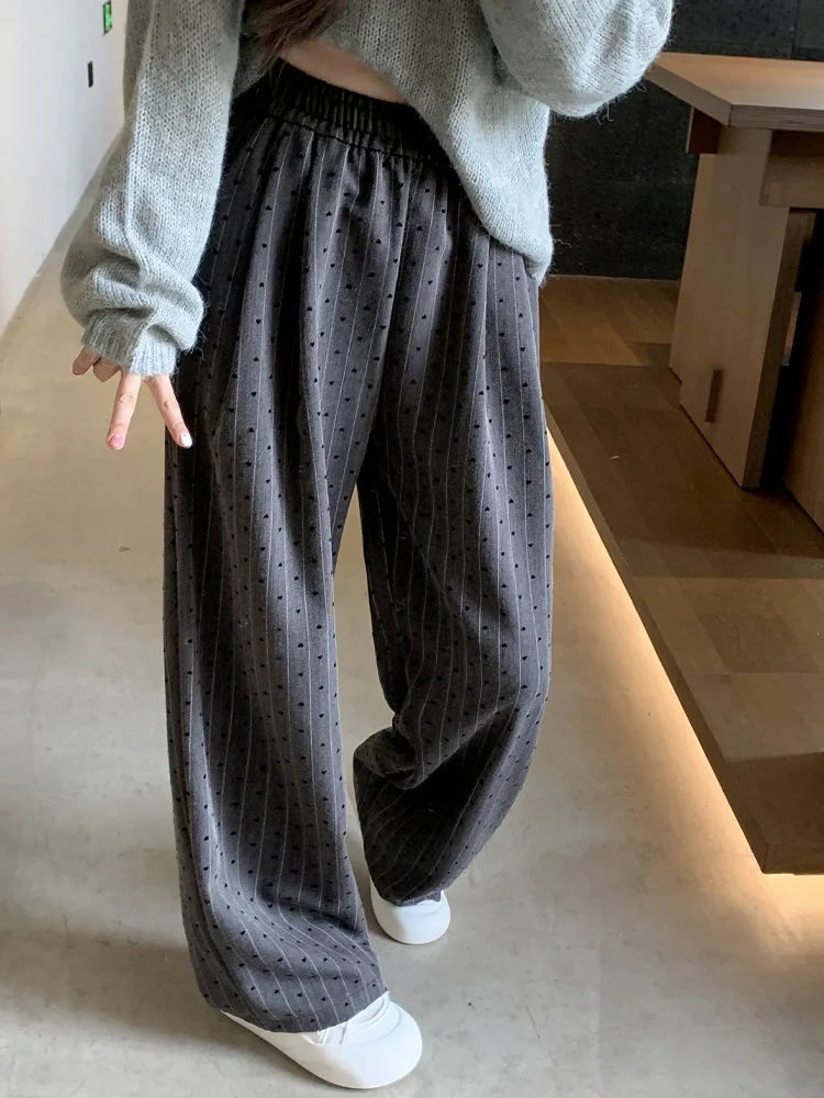 Szerokie spodnie z frędzlami, elastyczna talia, proste nogawki, damskie, jesienne, ocieplane, o prostym kroju, retro, młodzieżowe, do szkoły, do pracy, flanelowe spodnie.