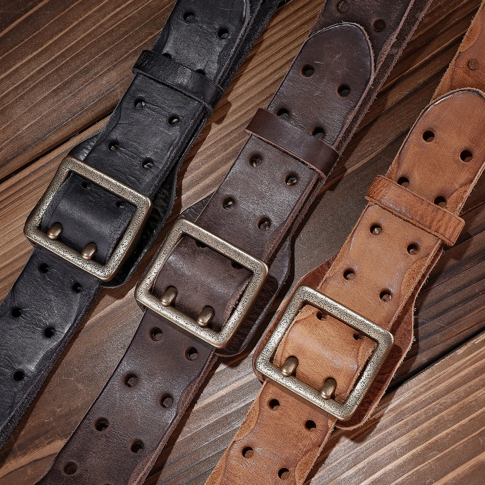 メンズ高級感のある牛革ベルト、真鍮製ダブルバックルデザインの本革ベルト、ワークウェア、カジュアルスタイル、レトロベルトに最適