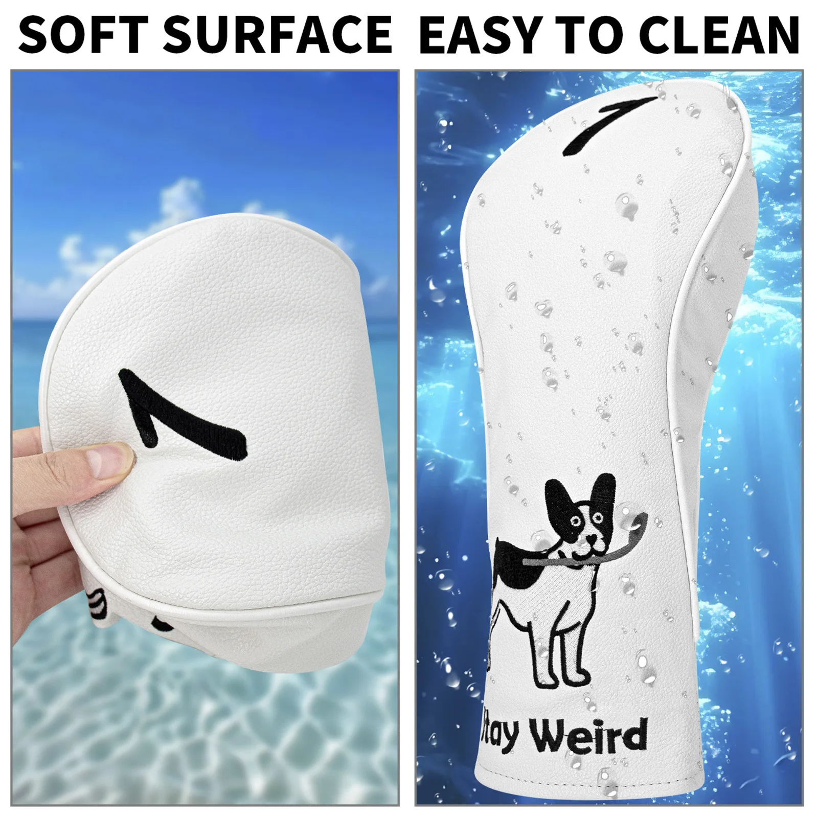 Golf Club Head Cover Dog Embroidery Elastic Back PU Leather Protective Headcover with Velvet Lining