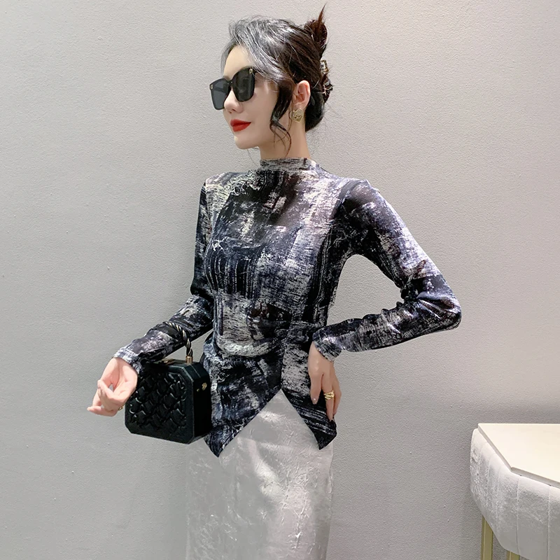 MadBlack 섹시 여성 모크넥 프린트 탑, 긴팔 슬림 불규칙 티, 유럽 의류, 가을 겨울 T40611CC