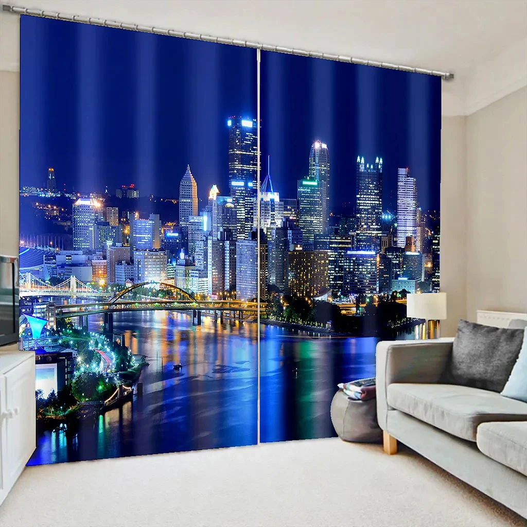 

City Night Scene Modern Urban Architecture Window Curtains Blinds For Living Room Bedroom Bathroom Kicthen Door Home Decor2Pcs