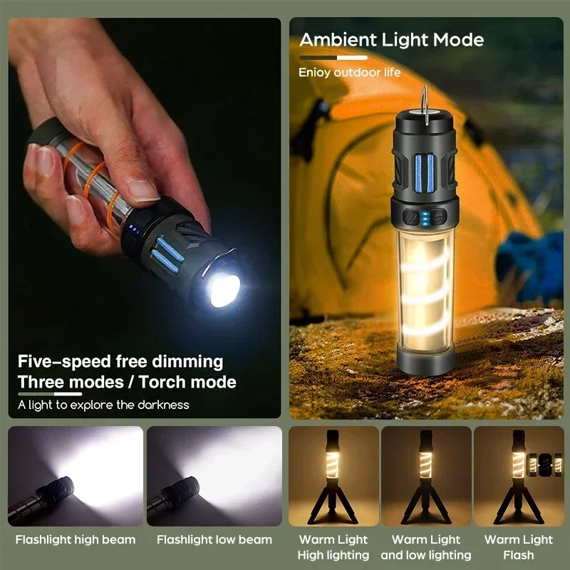 Camping Light Rechargeable 3 in 1 Tent Lantern Waterproof Camping Night Fishing Lamp with Triangle Bracket for Outdoor Camping