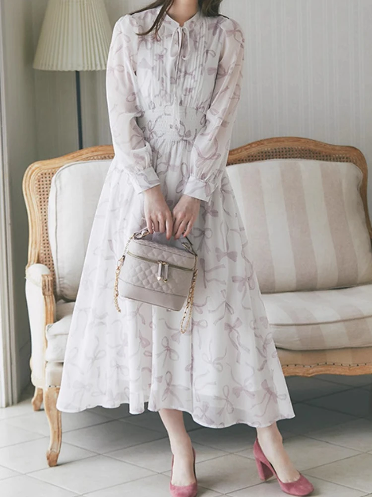 

Lace Up Stand Collar Long Sleeve Dress Temperament Vintage Print High Waist Slim A-line Robe 2025 Spring Summer Sweet Vestidos