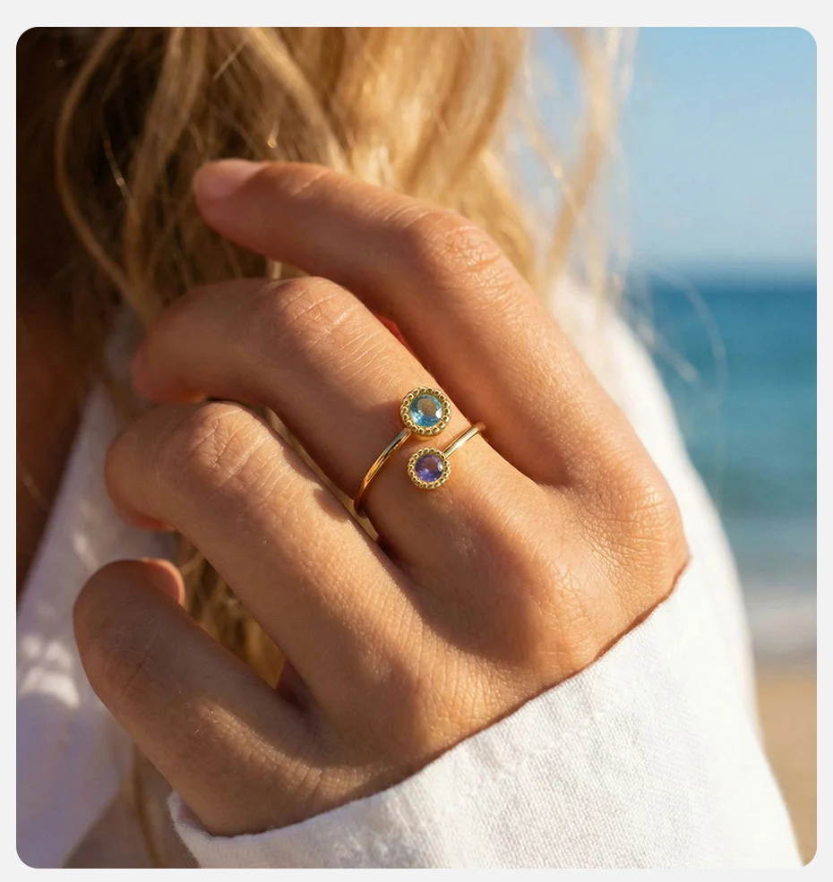 Vnox Neues Design Blau-Rosa Zirkon Doppelblumen-Ringe für Frauen und Mädchen 18K Vergoldet Trendiger Hochzeits- und Party-Schmuck – Detail 2