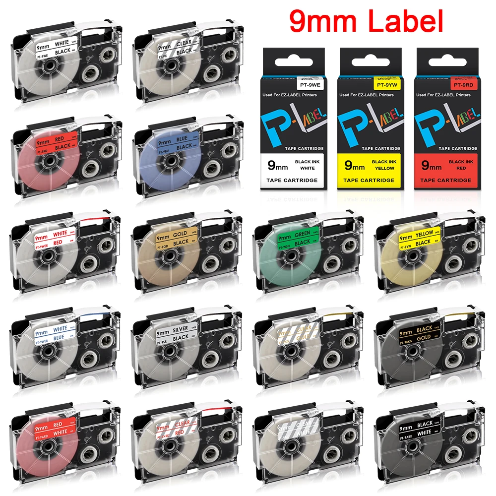 9mm Label XR-9WE Compatible for Casio Label Tape XR-9X XR-9RD XR-9BU XR-9YW XR-9WE Black on White for Casio KL-60 KL-820 Printer