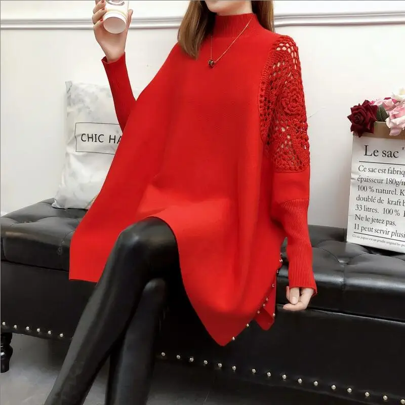 2023 Autumn And Winter New Loose Sweater Coat Women\'s Half-high Collar Pullover Wrap Swing Beading