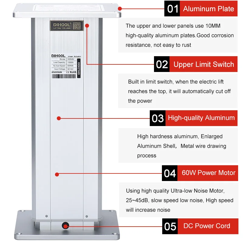 Imagem -02 - Coluna de Elevação Mesa 12v 24v 100 Milímetros 200 Milímetros 300 Milímetros 400 Milímetros 500 Milímetros 600 Milímetros 700 Milímetros 800 Milímetros 900 Milímetros 1000 mm de Curso na Altura da Mesa Ajustável