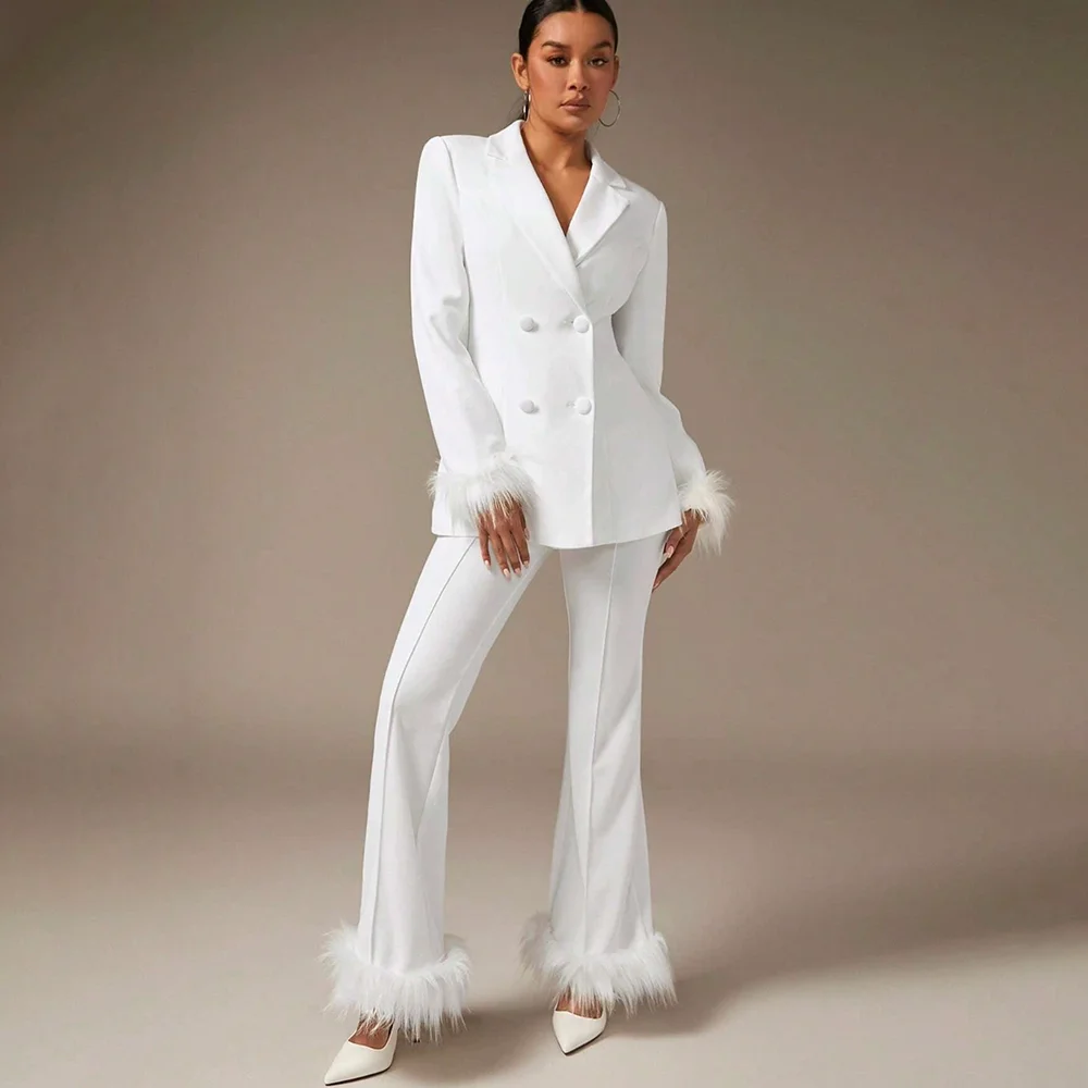 

Double Breasted White Women Suit Set 2 Pieces Jacket Pants Stylish Feather Blazer Set For Prom Party Trajes De Mujer Elegante
