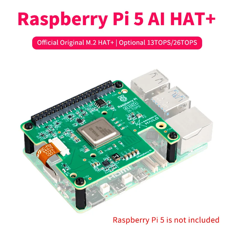 Official Original Raspberry Pi 5 AI HAT+ Hailo8 13TOPS/26TOPS Model Optional PCIe M.2 HAT+ Board for Raspberry Pi 5