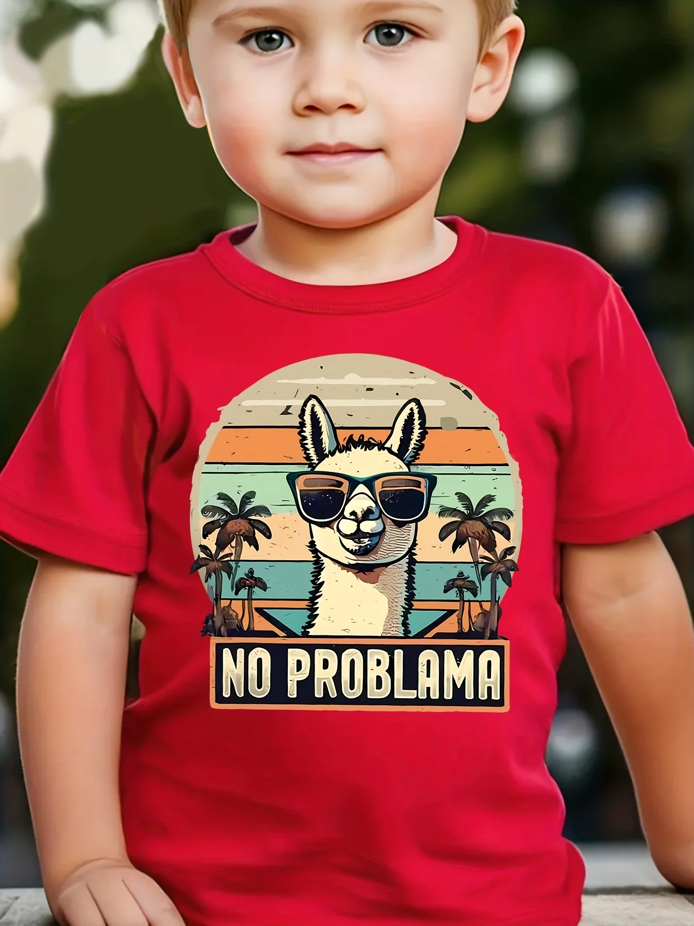 Boys Summer Cute‑Llama‑Alpaca‑Carefree‑Print Trendy Casual Crew‑Neck Short‑Sleeve T‑Shirt For Daily Outdoor Wear