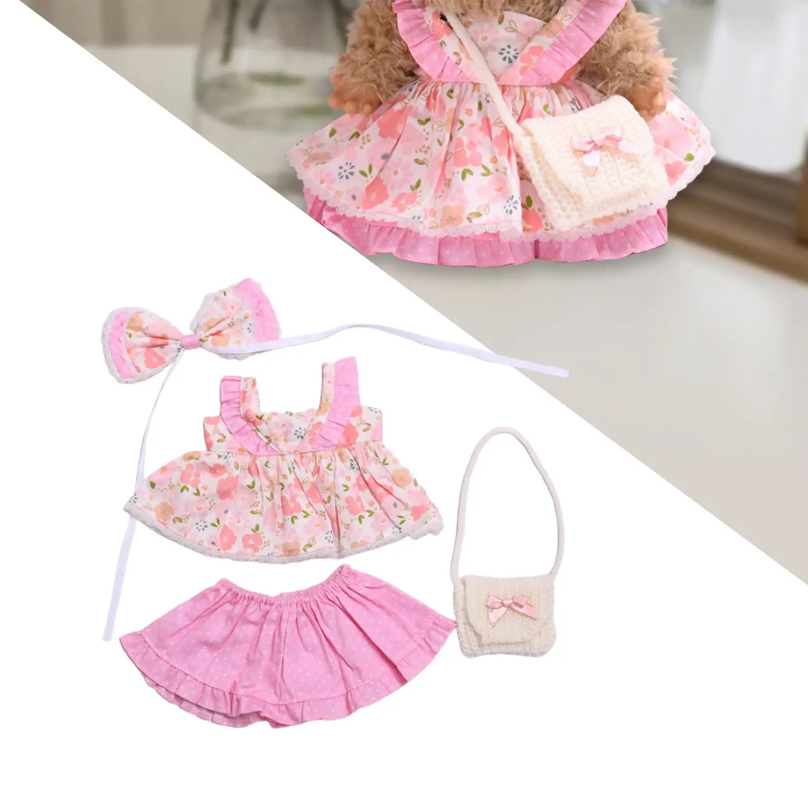 Plush Figure Dress Dress up Clothing Photo Props with Hair Bow for Hands on Imagination 14.96inch Doll Flexibility Coordination