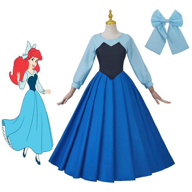 Mermaid Cosplay Ariel Blue Dress with Bowknot Headwear for Women Elegant Princess Ball Gown Halloween Carnival