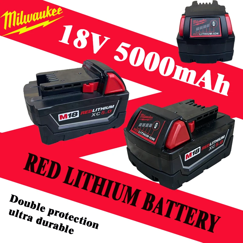 

Genuine Milwaukee High Output Battery M18 5.0Ah 18V Red lithium Battery, Rechargeable for Milwaukee M18 Cordless Power Tools