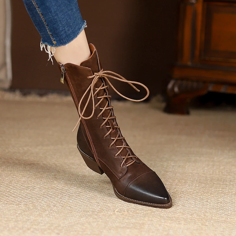Western Boots Cowgirls Winter Shoes Woman Cowhide Spring Autumn Botas Cross Tied Boots Pointed Toe Med Heel 5 CM Retro Botas