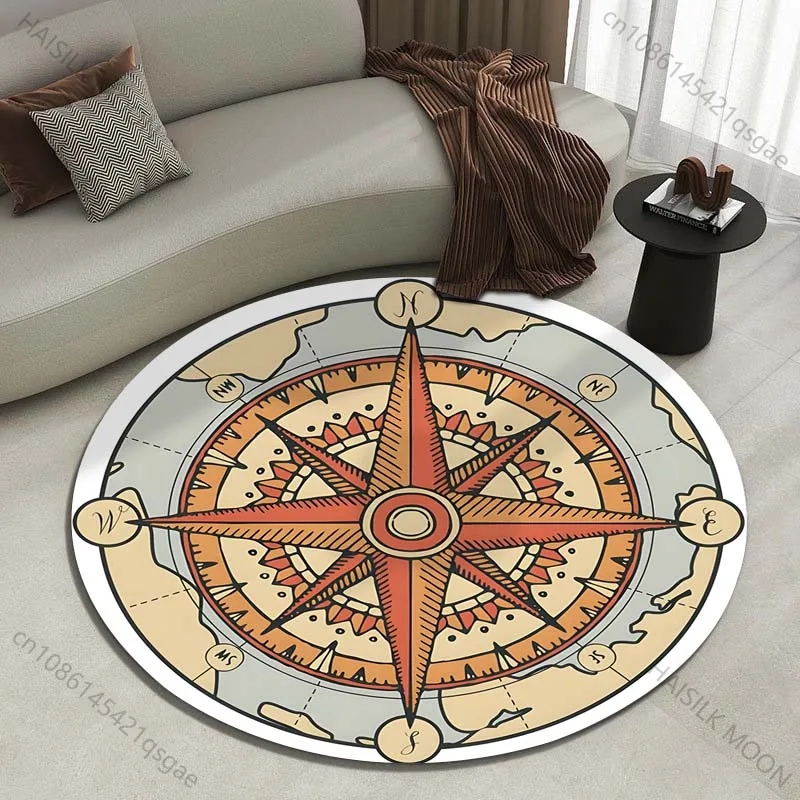 Vintage-style compass design Printed round carpet living room sofa table carpet large pet mat soft round carpet home decor